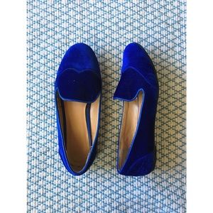 Blue velvet smoking flats